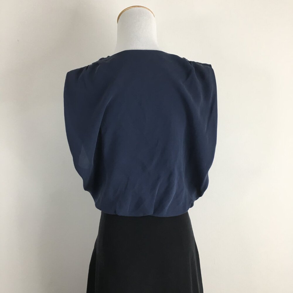 RAOUL Black Blue 100% Silk Pleated V Neck Ruching Shoulder Slit Hem Dress - Picture 12 of 13